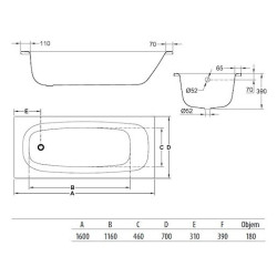 Obdélníková vana Jika Siena Plus 160x70 cm smaltovaná ocel levá i pravá SIKOVJTAP16070