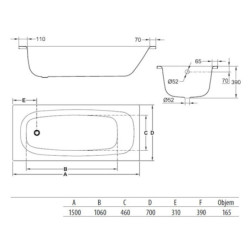 Obdélníková vana Jika Siena 150x70 cm smaltovaná ocel levá i pravá SIKOVJTA15070