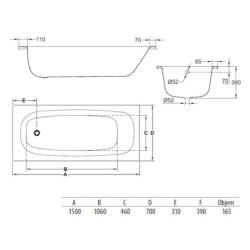 Obdélníková vana Jika Siena Plus 150x70 cm smaltovaná ocel levá i pravá SIKOVJTAP15070