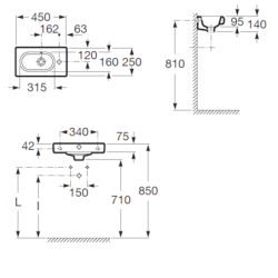 Umyvadlo Roca Meridian 45x25 cm otvor pro baterii vpravo A327248000