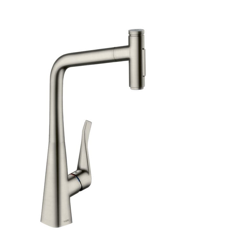 Dřezová baterie Hansgrohe Metris s vytahovací sprškou, 2 proudy vzhled nerezu 73820800