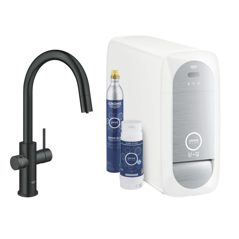 Dřezová baterie GROHE Blue Home s výpustí velvet black 31541KS0