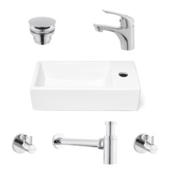 Koupelnový set pravého závěsného umývátka Brevis 40,5 cm, pákové baterie, sifonu, průtočné zátky a roháčků KSETBRE2P