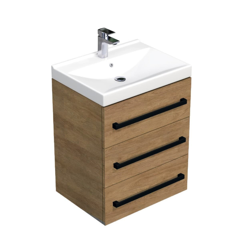 Koupelnová skříňka s černou úchytkou a umyvadlem SAT Cube Way 60x76,5x46 cm dub Hickory mat CUBE46C603DHVER