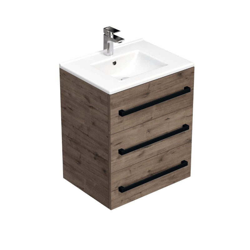 Koupelnová skříňka s černou úchytkou a umyvadlem SAT Cube Way 60x76,5x46 cm dub Wellington mat CUBE46C603DWMOD